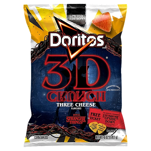 Doritos 3D Crunch Three Cheese Flavored Corn Snacks Limited Edition, 6 oz
The DORITOS brand is all about boldness. If you're up to the challenge, grab a bag of DORITOS tortilla chips and get ready to make some memories you won't soon forget. It's a bold experience in snacking and beyond.