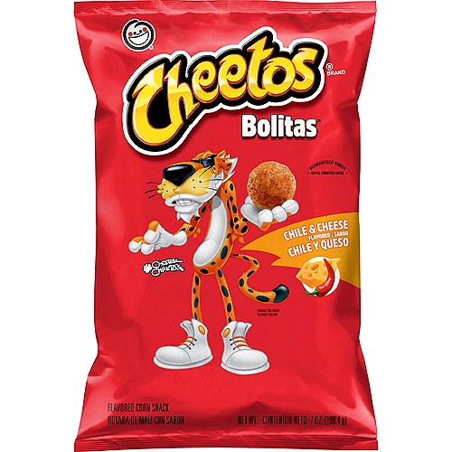 Cheetos Bolitas Chile & Cheese Flavored Corn Snack, 7 oz
CHEETOS snacks are the much-loved cheesy treats that are fun for everyone! You just can't eat a CHEETOS snack without licking the signature “cheetle” off your fingertips. And wherever the CHEETOS brand and CHESTER CHEETAH go, cheesy smiles are sure to follow.