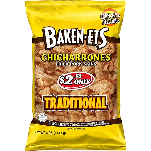 Baken-Ets Chicharrones Traditional Fried Pork Skins, 4 oz
BAKEN-ETS pork skins have been America's favorite pork skin snack for over 50 years. We cook each crispy, crunchy bite to perfection to bring you the great flavor that's been loved for generations.