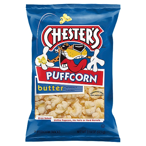 Chester's Butter Puffcorn, 3 1/4 oz
Puffed Corn Snacks

A Corny Poem from Chester Cheetah®
Chester's® the name, and snackin's my game. These Puffcorn snacks are sure to gain fame.
They're the puffiest poppable bites, from the north to the south... 
With a Crunchy corn taste that absolutely melts in your mouth.
So taste for yourself this delicious, light-tasting treat. I'm sure you'll agree there's no other puffcorn to eat!