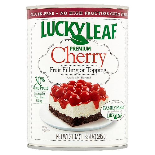 Lucky Leaf Premium Cherry Fruit Filling or Topping, 21 oz
Non-GMO*
* Lucky Leaf Premium Cherry Fruit Filling or Topping is not genetically engineered.