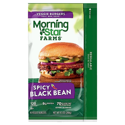 MorningStar Farms Spicy Black Bean Veggie Burgers, 4 count, 9.5 oz
A delicious meat-free meal for any diet, MorningStar Farms Spicy Black Bean Veggie Burgers are made with a savory blend of black beans, brown rice, onions, corn, and tomatoes for bold flavor and pleasing texture in every bite. With 69% less fat than regular ground beef*, these vegetarian burgers provide a good source of protein (9 grams per serving; 13% of daily value) and good source of fiber (contains 4.5 grams total fat per serving) and are made with no artificial flavors or colors. Stock this convenient resealable bag in the freezer for an exciting meat-free meal anytime. Whether you're seeking a quick and convenient lunch or dinner, sharing a meal with friends on game night, or grilling for a summer BBQ, MorningStar Farms Spicy Black Bean Veggie Burgers are sure to delight vegetarians and meat-lovers alike. *Regular ground beef contains 15 grams total fat per serving (67 grams); MorningStar Farms Spicy Black Bean Veggie Burgers contain 4.5 grams total fat per serving (67 grams).