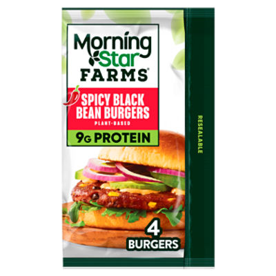 MorningStar Farms Spicy Black Bean Veggie Burgers, Plant Based Protein, 4Ct Bag