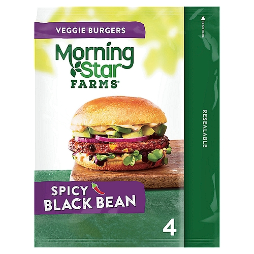 Mouthwatering and meatless, MorningStar Farms plant-based veggie burgers are a delicious, meat-free addition to any balanced diet
A spicy, southwestern veggie burger made with a savory blend of black beans, brown rice, onions, and tomatoes; Perfect for loading up with toppings
100% vegetarian; Good source of protein (9g per serving; 13% of daily value); Contains soy, wheat, egg, and milk ingredients
A delicious meat-free meal for any diet, MorningStar Farms Spicy Black Bean Veggie Burgers are made with a savory blend of black beans, brown rice, onions, corn, and tomatoes for bold flavor and pleasing texture in every bite. With 69% less fat than regular ground beef*, these vegetarian burgers provide a good source of protein (9g per serving, 13% of daily value) and fiber (contains 4.5g total fat per serving); They're made with no artificial flavors or colors. Stock this convenient resealable bag in the freezer for an exciting meat-free meal anytime. Whether you're seeking a quick and convenient lunch or dinner or grilling for a summer BBQ, MorningStar Farms Spicy Black Bean Veggie Burgers are sure to delight vegetarians and meat-lovers alike. *Regular ground beef contains 15g total fat per serving (67g). MSF Spicy Black Bean Burgers contain 4.5g total fat per serving (67g).