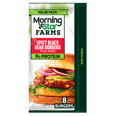 MorningStar Farms Spicy Black Bean Veggie Burgers, Plant Based Protein, 8Ct Bag