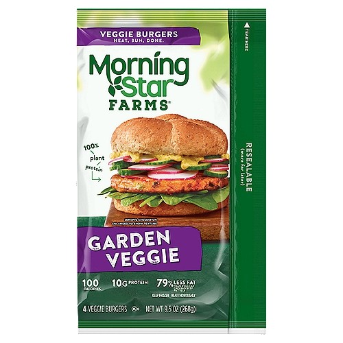 MorningStar Farms Garden Veggie Burgers, 4 count, 9.5 oz
A delicious meat-free meal for any diet, MorningStar Farms Garden Veggie Burgers are made with a savory blend of seven delicious vegetables for bold flavor and pleasing texture in every bite. With 70% less fat than regular ground beef (see nutrition information for sodium content)*, these veggie burgers provide a good source of protein (11g per serving; 17% of daily value) and fiber (contains 4.5g total fat per serving), and are made with no artificial flavors or colors. Stock this convenient resealable bag in the freezer for an exciting meat-free meal anytime. Whether you're seeking a quick and convenient lunch or dinner, sharing a meal with friends on game night, or grilling for a summer BBQ, MorningStar Farms Garden Veggie Burgers are sure to delight vegetarians and meat-lovers alike.