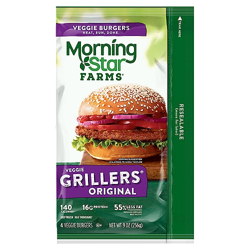 MorningStar Farms Grillers Original Veggie Burgers, 4 count, 9 oz
A delicious meat-free meal for any diet, MorningStar Farms Grillers Original Veggie Burgers feature a classic, char-grilled taste and great texture in every savory bite. Great for the grill and with 62% less fat than regular ground beef*, these veggie burgers provide an excellent source of protein (16g per serving; 21% of daily value; see nutrition information for sodium content), a good source fiber (contains 5g total fat per serving), and contain no artificial colors or flavors. Stock this convenient resealable bag in the freezer for an exciting meat-free meal anytime. Whether you're seeking a quick and convenient lunch or dinner, sharing a meal with friends on game night, or grilling for a summer BBQ, MorningStar Farms Grillers Original Veggie Burgers are sure to delight vegetarians and meat-lovers alike. *Regular ground beef contains 14g total fat per serving (64g); MorningStar Farms Grillers Originals Veggie Burgers contain 5g total fat per serving (64g).