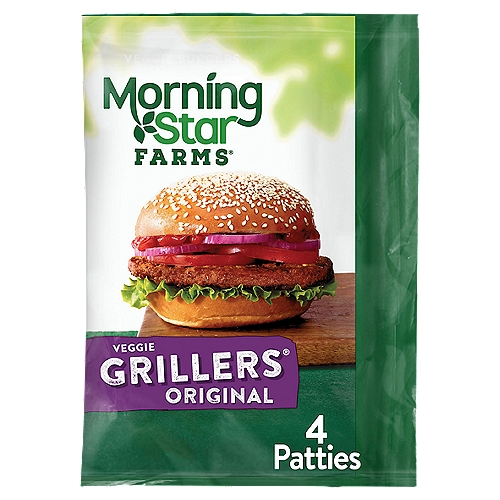 • Mouthwatering and meatless, MorningStar Farms plant-based veggie burgers are a delicious, meat-free addition to any balanced diet
• A savory veggie burger with a classic, char-grilled taste and great texture that's ideal for grilling; Perfect for loading up with toppings
• 100% vegetarian; Excellent source of protein (16g per serving; 21% of daily value); Kosher Dairy; Contains wheat, soy, egg, and milk ingredients

A delicious meat-free meal for any diet, MorningStar Farms Grillers veggie burgers feature a classic, char-grilled taste and great texture in every savory bite. These tasty patties are great for the grill and with 55% less fat than cooked regular ground beef patty*. They provide an excellent source of protein (16g per serving, 21% daily value), a good source fiber (contains 6g total fat per serving) and contain no artificial colors or flavors; Stock this convenient resealable bag in the freezer for an exciting meat-free meal anytime. Whether you're seeking a quick lunch, dinner, or grilling for a summer BBQ, MorningStar Farms Grillers veggie burgers are sure to delight vegetarians and meat-lovers alike. *Cooked regular ground beef patty contains 14g total fat per serving (64g). Morningstar Farms Grillers Original Burger contains 6g total fat per serving (64g).