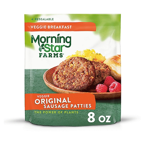 Mouthwatering and meatless, MorningStar Farms plant-based Original Sausage Patties are a delicious, meat-free addition to any balanced breakfast
Savory veggie sausage patties seasoned with an inviting blend of herbs and spices; Enjoy with scrambles, pancakes, or biscuits and veggie gravy
100% vegan; Good source of protein (9g per serving; 10% of daily value); Kosher Dairy; Contains wheat and soy ingredients
A delicious meat-free addition to any balanced breakfast, MorningStar Farms Original Sausage Patties are plant-based and seasoned with an inviting blend of aromatic herbs and spices to delight everyone in your family. With 79% less fat than cooked pork sausage*, MorningStar Farms Original Sausage Patties provide a good source of protein (9g per serving, 10% of daily value); Whether you're whipping up a breakfast scramble, a short stack of pancakes, or biscuits with veggie gravy, MorningStar Farms Original Sausage Patties are sure to please vegetarians and meat-lovers alike. These veggie sausage patties make a wonderful addition to breakfast sandwiches, too. MorningStar Farms makes it easy to get your plant-based protein any time of the day, it's good for you and good for the planet. *Cooked pork sausage contains 16g total fat per serving (38g); MorningStar Farms Original Sausage Patties contain 3g total fat per serving (38g).