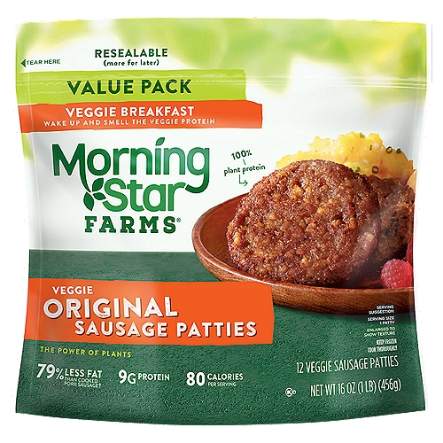 MorningStar Farms Veggie Breakfast Original Sausage Patties Value Pack, 12 count, 16 oz
A delicious meat-free addition to any balanced breakfast, Morningstar Farms Originals Sausage Patties are plant-based and seasoned with an inviting blend of aromatic herbs and spices. With 81% less fat than cooked pork sausage*, Morningstar Farms Original Sausage Patties provide a good source of protein (9 grams per serving; 13% of daily value). Whether you’re whipping up a breakfast scramble, a short stack of pancakes, or biscuits with veggie gravy, Morningstar Farms Original Sausage Patties are sure to delight vegetarians and meat-lovers alike. *Cooked pork sausage contains 16 grams total fat per serving (38 grams); Morningstar Farms Original Sausage Patties contain 3 grams total fat per serving (38 grams).