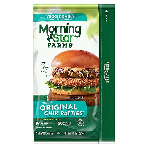 MorningStar Farms Veggie Chik'n Original Vegan Patties, 4 count, 10 oz
A delicious meat-free meal for any diet, MorningStar Farms Original Chik Patties feature a lightly seasoned patty with a crispy, crunchy breading outside and tender inside. Ideal for an array of recipes, these vegan patties can become part of a satisfying sandwich, wrap, or even a delicious pasta dish. With 46% less fat than regular chicken patties*, these patties provide a good source of protein (9g per serving; 13% of daily value). Stock this convenient resealable bag in the freezer for an exciting anytime meal you can easily prepare in an oven or microwave. Whether you're putting together a winning spread for game night, preparing a meal to share with the whole family, or just seeking a quick and convenient lunch or dinner, MorningStar Farms Original Chik Patties are a delicious choice sure to please meat-lovers and vegetarians alike. *Regular chicken patties contain 14g total fat per serving (71g); MorningStar Farms Original Chik Patties contain 7g total fat per serving (71g).