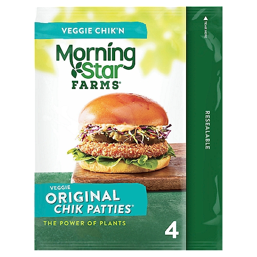Mouthwatering and meatless, MorningStar Farms' plant-based veggie patties are a delicious, meat-free addition to any balanced diet
A lightly seasoned meatless chicken patty with a crispy, crunchy breading outside and tender inside; Perfect for sandwiches and wraps
100% vegan; Good source of protein (9g per serving; 12% of daily value); Kosher Dairy; Contains wheat and soy ingredients
A delicious meat-free meal for any diet, MorningStar Farms Original Chik Patties feature a lightly seasoned patty with a crispy, crunchy breading outside and tender inside. Ideal for an array of recipes, these vegan patties can become part of a satisfying sandwich, wrap, or even a delicious pasta dish. With 50% less fat than regular chicken patties*, these patties provide a good source of protein (9g per serving; 12% of daily value); Stock this convenient resealable bag in the freezer for an exciting anytime meal you can easily prepare in an oven or microwave. Whether you're putting together a winning spread for game night, preparing a meal to share with the whole family, or just seeking a quick and convenient lunch or dinner, MorningStar Farms Original Chik Patties are a delicious choice sure to please meat-lovers and vegetarians alike. *Chicken patties contain 14g total fat per serving (71g). MorningStar Farms Chik Patties Original contain 7g total fat per serving (71g).