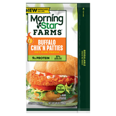 MorningStar Farms Buffalo Meatless Chicken Patties, Vegan Plant Based Protein, 4Ct Bag