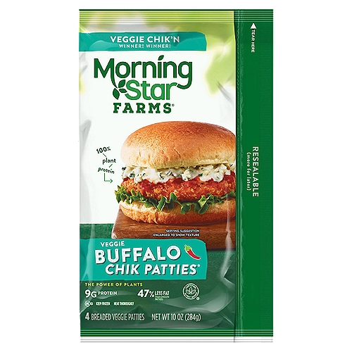MorningStar Farms Veggie Buffalo Chik Patties, 4 count, 10 oz
A delicious meat-free meal for any diet, MorningStar Farms Buffalo Chik Patties feature a spicy, buffalo-style veggie chik patty with a crispy, crunchy breading outside and tender inside. With 53% less fat than regular chicken patties*, these veggie patties provide a good source of protein (9 grams per serving; 14% of daily value) and fiber (contains 6 grams total fat per serving). Stock this convenient resealable bag in the freezer for an exciting anytime meal you can easily prepare in an oven or microwave. Whether you're putting together a winning spread for game night, preparing a meal to share with the whole family, or just seeking a quick and convenient lunch or dinner, MorningStar Farms Buffalo Chik Patties are a delicious choice sure to please meat-lovers and vegetarians alike.*Regular chicken patties contain 14 grams total fat per serving (71 grams); MorningStar Farms Buffalo Chik Patties contain 6 grams total fat per serving (71 grams).