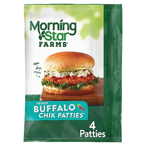 Mouthwatering and meatless, MorningStar Farms plant-based veggie patties are a delicious, meat-free addition to any balanced diet
A spicy, buffalo-style veggie chicken patty with a crispy, crunchy breading outside and tender inside; Perfect for sandwiches and wraps
100% vegan; Good source of protein (9g per serving; 12% of daily value); Kosher Dairy; Contains wheat and soy ingredients
A delicious meat-free meal for any diet, MorningStar Farms Buffalo Chik Patties feature a spicy, buffalo-style veggie chiken patty with a crispy, crunchy breading outside and tender inside. With 47% less fat than regular chicken patties*, these veggie patties provide a good source of protein (9g per serving, 12% of daily value). Stock this convenient resealable bag in the freezer for an exciting anytime meal; Easily prepare your patties in an oven or microwave. Whether you're putting together a winning spread for game night, preparing a meal to share with the whole family, or just seeking a quick and convenient lunch or dinner, MorningStar Farms Buffalo Chik Patties are a delicious choice sure to please meat-lovers and vegetarians alike. *Chicken patties contain 14g total fat per serving (71g). MSF Buffalo Chik Patties contain 7g total fat per serving (71g).