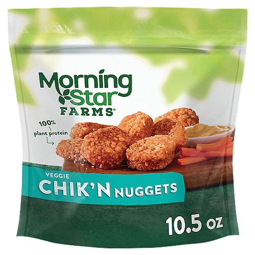 • Plant based meat, MorningStar Farms Chik'n Nuggets are a delicious, chicken alternative to any balanced diet
• Lightly seasoned, veggie nuggets with a crisp, crunchy breading outside and juicy inside; An easy meal perfect for dipping, wraps, and a protein source for meals
• 100% vegan; Excellent source of protein (12g per serving; 17% of daily value); Kosher Dairy; Contains wheat and soy ingredients

A delicious meat-free addition to any diet, MorningStar Farms Chik'n Nuggets feature lightly seasoned veggie nuggets with a crisp, crunchy outside and tender inside. With 31% less fat than regular chicken nuggets*, these vegan nuggets provide a good source of protein (12g per serving, 17% of daily value). Stock this convenient resealable bag in the freezer for an exciting anytime meal you can pair with your favorite dips, celery, or serve in a wrap; These nuggets make for a perfect meat alternative to share with friends on special occasions, preparing a meal for the whole family, or just seeking a quick lunch or dinner. MorningStar Farms Chik'n Nuggets are a hearty choice that will please vegans, vegetarians, and meat-lovers alike. *Chicken nuggets contain 13g total fat per serving (86g). Morningstar Farms Chik'n Nuggets contain 9g total fat per serving (86g).