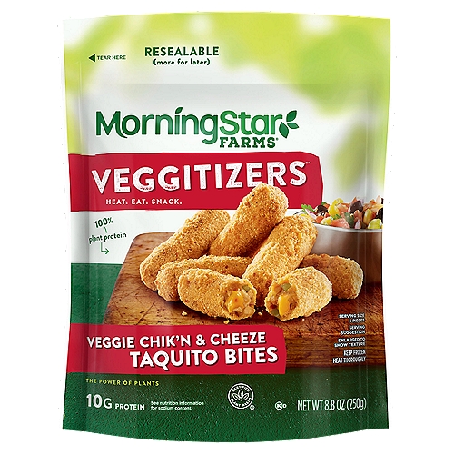 MorningStar Farms Veggie Bites Chikn and Cheeze Taquito Vegan Plant-Based Protein - 8.8 Oz
MorningStar Farms Veggie Chik'n and Cheeze Taquito Bites are a tasty vegan snack that's crispy on the outside, cheesy deliciousness on the inside, and seasoned perfectly for the delicious taste of your favorite chik'n taquitos. Includes 1, 8.8-ounce bag of veggie bites for an easy to prepare snack or meal item that quickly bakes to perfection in the oven or can be heated in the microwave. Their irresistible flavor and fun shape make these bites a great choice for entertaining; they contain 10g of plant protein (14% daily value, see nutrition information for sodium content), are a good source of fiber (contains 9g total fat per serving) and are made with Non GMO Soy making them a great choice for a quick lunch or dinner item. MorningStar Farms Veggie Chik'n and Cheeze Taquito Bites are sure to delight vegans, vegetarians, and meat lovers alike with their tasty taquito flavor and irresistible texture. Pair them with your favorite salsa or dip; the delicious options are endless.