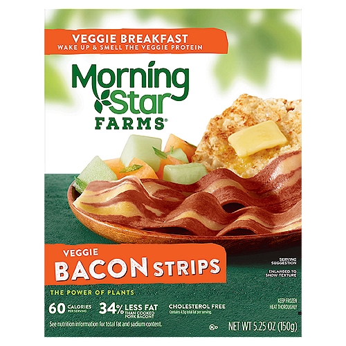 MorningStar Farms Veggie Breakfast Bacon Strips, 5.25 oz
A delicious meat-free addition to any balanced breakfast, Morningstar Farms Veggie Bacon Strips are vegetarian and plant-based and feature a delicious taste in every bite. With 34% less fat than cooked pork bacon*, Morningstar Farms Veggie Bacon Strips are low in saturated fat, are cholesterol free (contains 4.5g total fat per serving; see nutrition information for sodium content), and have 40 calories per serving. Whether you're whipping up a breakfast scramble, a short stack of pancakes, or savory sandwich or wrap, Morningstar Farms Veggie Bacon Strips are sure to delight vegetarians and meat-lovers alike. *Cooked pork bacon contains 7g total fat per serving (16g); Morningstar Farms Bacon Strips contain 4.5g total fat per serving (16g).