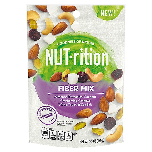 Planters Nut-rition Fiber Mix, 5.5 oz
Planters NUTrition Fiber Nut Mix is composed of simple, good ingredients: almonds, pistachios, coconut and cranberries with a hint of sea salt. Our nut mix is gluten-free, Non-GMO, low in sodium and contains no artificial flavors or colors, providing you energy, motivation and fiber without the ingredients you don't want. This 5.5 ounce bag makes for a delicious snack. Enjoy a protein-rich and energy-filled bite!

• One 5.5 oz. bag of Planters NUTrition Fiber Nut Mix
• Contains 3 g. of fiber per serving
• Eat guilt-free knowing Planters NUTrition Fiber Nut Mix is gluten-free, Non-GMO and low sodium
• A delightful mix that includes almonds, pistachios, coconut, cranberries and cashews with a hint of sea salt
• No artificial flavors or colors in this fruit nut mix
• Enjoy 5 g. of protein per serving for a packed snack
• An excellent source of the antioxidant vitamin E