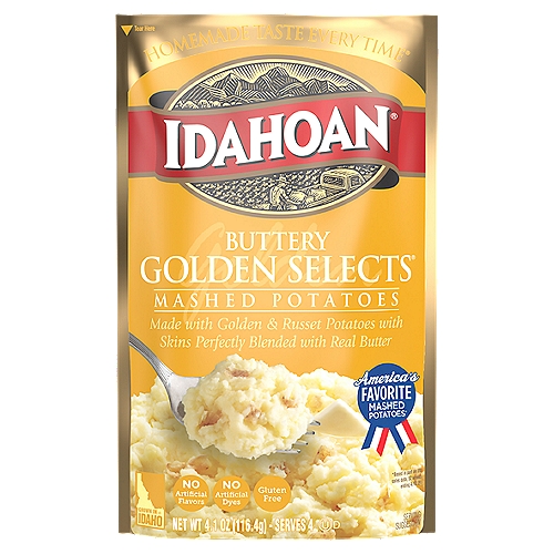 Whip up delicious, rich mashed potatoes in minutes with Idahoan Buttery Golden Selects Mashed Potatoes! Our instant mashed potatoes are always made with 100-Percent Real Idaho potatoes. Perfect for a variety of wholesome recipes, Idahoan Buttery Golden Selects Mashed Potatoes are easy to prepare and ready in minutes. Simply heat water on stovetop or in a microwave, add the entire pouch of mashed potatoes, and voilà! Each order includes 1 (4.1oz) pouch with 4 (1/2 cup) servings. Our mission of innovation will continue to bring you quality 100-percent REAL Idaho potatoes in all the ways you love.  Whether it's quality mashed potatoes, soups, casseroles or hash browns, in a pouch, bowl, cup or more, Idahoan Foods will continue to bring you Homemade Taste—Every Time