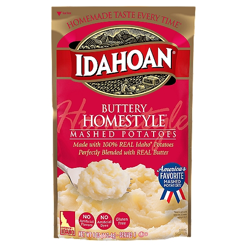 Whip up delicious, rich mashed potatoes in minutes with Idahoan Buttery Homestyle Mashed Potatoes! Our instant mashed potatoes are always made with 100-Percent Real Idaho potatoes and perfectly blended with rich real butter for a classic favorite. Perfect for a variety of wholesome recipes, Idahoan Buttery Homestyle Mashed Potatoes are easy to prepare and ready in minutes. Simply heat water on stovetop or in a microwave, add the entire pouch of mashed potatoes, and voilà! Each order includes 1 (4oz) pouch with 4 (1/2 cup) servings. Our mission of innovation will continue to bring you quality 100-percent REAL Idaho potatoes in all the ways you love.  Whether it's quality mashed potatoes, soups, casseroles or hash browns, in a pouch, bowl, cup or more, Idahoan Foods will continue to bring you Homemade Taste—Every Time