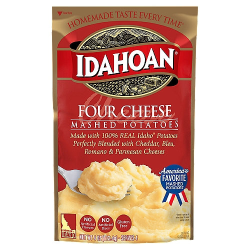 Whip up delicious, rich mashed potatoes in minutes with Idahoan Four Cheese Mashed Potatoes! Our instant mashed potatoes are always made with 100% Real Idaho potatoes and perfectly blended with Cheddar, Bleu, Romano and Parmesan Cheeses turning a classic favorite into a delightful dish. Perfect for a variety of wholesome recipes, Idahoan Four Cheese Mashed Potatoes are easy to prepare and ready in minutes. Simply heat water on stovetop or in a microwave, add the entire pouch of mashed potatoes, and voilà! Each order includes 1 (4oz) pouch with 4 (1/2 cup) servings. Whether you're looking for traditional comfort food, or wanting a modern spin on classic dishes, Idahoan delivers Homemade Taste—Every Time.
