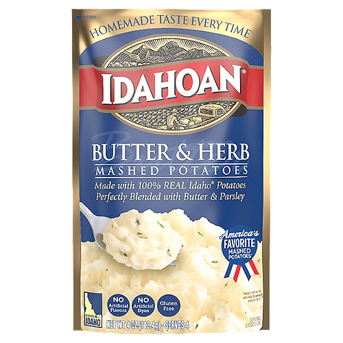 Whip up delicious, rich mashed potatoes in minutes with Idahoan Butter & Herb Mashed Potatoes! Our instant mashed potatoes are always made with 100-Percent Real Idaho potatoes. Perfect for a variety of wholesome recipes, Idahoan Butter & Herb Mashed Potatoes are easy to prepare and ready in minutes. Simply heat water on stovetop or in a microwave, add the entire pouch of mashed potatoes, and voilà! Each order includes 1 (4oz) pouch with 4 (1/2 cup) servings. Our mission of innovation will continue to bring you quality 100-percent REAL Idaho potatoes in all the ways you love.  Whether it's quality mashed potatoes, soups, casseroles or hash browns, in a pouch, bowl, cup or more, Idahoan Foods will continue to bring you Homemade Taste—Every Time