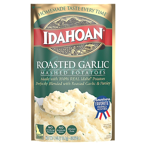 Whip up delicious, rich mashed potatoes in minutes with Idahoan Roasted Garlic Mashed Potatoes! Our instant mashed potatoes are always made with 100% Real Idaho potatoes. Perfect for a variety of wholesome recipes, Idahoan Roasted Garlic Mashed Potatoes are easy to prepare and ready in minutes. Simply heat water on stovetop or in a microwave, add the entire pouch of mashed potatoes, and voilà! Each order includes 1 (4oz) pouch with 4 (1/2 cup) servings. Whether you're looking for traditional comfort food, or wanting a modern spin on classic dishes, Idahoan delivers Homemade Taste—Every Time.