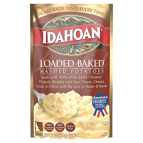 Whip up delicious, rich mashed potatoes in minutes with Idahoan Loaded Baked Mashed Potatoes! Our instant mashed potatoes are always made with 100% Real Idaho potatoes. Perfect for a variety of wholesome recipes, Idahoan Loaded Baked Mashed Potatoes are easy to prepare and ready in minutes. Simply heat water on stovetop or in a microwave, add the entire pouch of mashed potatoes, and voilà! Each order includes 1 (4oz) pouch with 4 (1/2 cup) servings. Whether you're looking for traditional comfort food, or wanting a modern spin on classic dishes, Idahoan delivers Homemade Taste—Every Time.