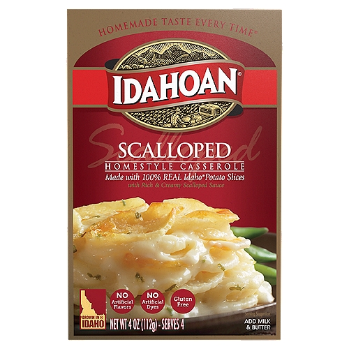 Perfect for family meals or special occasions, this pack comes with our delicious and creamy Idahoan Scalloped Casserole potatoes. Made with 100% Real Idaho potatoes, there's no better way to start a hearty home-style casserole than with these delicious potatoes! Our home-style casserole potatoes are great for starting a casserole or as a simply delicious side to any family meal. Each order includes 1 (4oz) box, 4 (1/2 Cup) servings. Whether you're looking for your traditional comfort food, or wanting new excitement in your life, Idahoan delivers. Since 1951, Idahoan's mission of innovation continues to bring you quality 100% REAL Idaho potatoes in all the ways you love. Whether it's quality mashed potatoes, soups, casseroles or hash browns, in a pouch, bowl, cup or more, Idahoan Foods will continue to bring you Homemade Taste—Every Time