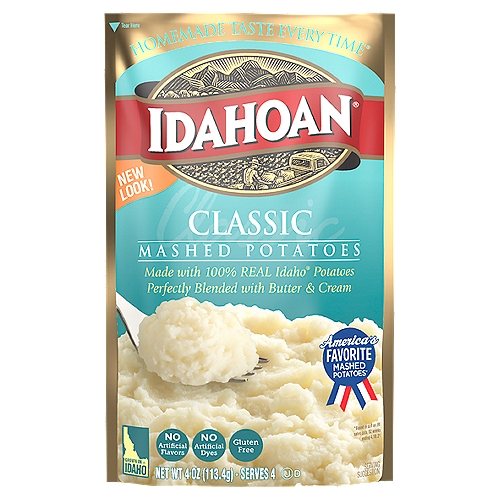 Idahoan Classic Mashed Potatoes with Butter & Cream, 4 oz
America's favorite mashed potatoes*
*Based in part on IRI sales data, 52 weeks ending 8.11.19