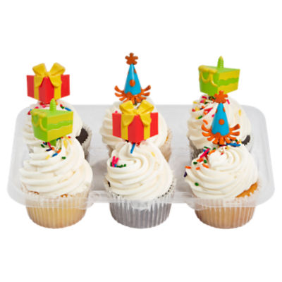 6 Pack Yellow & Chocolate Cupcakes W/Vanilla Icing & Picks