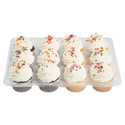 12 Pack Yellow & Chocolate Cupcakes With Vanilla Icing