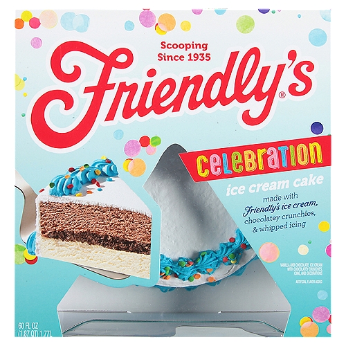 Friendly's Celebration Premium Ice Cream Cake, 60 fl oz
Premium Vanilla and Chocolate Ice Cream with Chocolaty Crunchies, Icing and Decorations