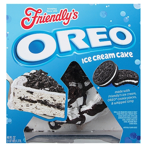 Friendly's Oreo Cookies Premium Ice Cream Cake Limited Edition, 60 fl oz
Premium Vanilla Ice Cream with Chunks of Oreo® Cookies and a Crunchy Oreo® Cookie Center Layer, Topped and Bordered with Vanilla Flavored Icing, a Double Drizzle of Fudge and More Oreo® Cookie Chunks!