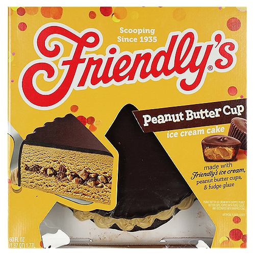 Friendly's Reese's Peanut Butter Cups Premium Ice Cream Cake, 60 fl oz
Premium Peanut Butter Ice Cream with Chopped Reese's Peanut Butter Cups, Topped with Chocolate Flavored Truffle and Bordered with Whipped Icing.