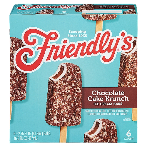 Friendly's Chocolate Cake Krunch Ice Cream Bar, 2.75 fl oz, 6 count
Vanilla Flavored Ice Cream Shell Filled with a Chocolate Flavored Core and Coated in Cake Crunch.