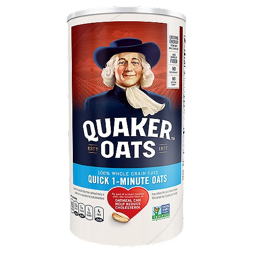Just because you don't have time for a relaxing breakfast doesn't mean you don't deserve the tasty benefits of Quaker Oats. Quick Quaker Oats give you all the wholesome goodness of Quaker in just one minute. Try topping Quick Quaker Oats with fresh or dried fruits, nuts or cinnamon and enjoy the healthy benefits of a satisfying breakfast.nnNo Preservatives**nNo Artificial Flavors**nnNo added colors**n**Oats are inherently free from preservatives, added sugars, artificial flavors and added colors.nnAs part of a heart-healthy diet, the soluble fiber in Oatmeal Can Help Reduce CholesterolnnWhen It Comes to Nutrition, It's Hard to Beat a Bowl of Quaker Oats.n100% whole grain oats support a heart-healthy lifestyle† with beta-glucan, a soluble fiber that helps reduce total and LDL cholesterol as part of a diet low in saturated fat and cholesterol. These oats also provide lasting energy to help get you going and keep you going. And not just any oats make the cut. Quaker only mills oats that meet strict quality standards to help you get the best start to your day.nThat's a Whole Lot of Nutrition in One Bowl.n†3 grams of soluble fiber from oatmeal daily in a diet low in saturated fat and cholesterol may reduce the risk of heart disease. This cereal has 2 grams per serving.nnMade with whole grains to provide a good source of fiber, and energy to help keep you going.nnNo added sugar††n††Not a low calorie food. See nutrition facts for information on sugar and calories.nnQuick 1-MinutenThe traditional whole grain rolled oats you love, cut and rolled thinner for faster cooking