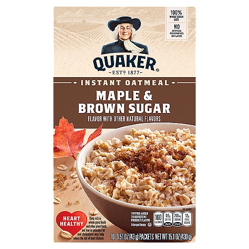Savor the classic flavor of Quaker Instant Oatmeal Maple & Brown Sugar, ready in 90 seconds. Just because you've got a busy day doesn't mean you don't deserve all the goodness Quaker has to offer.