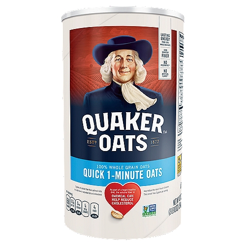 Quaker Whole Grain Oats Quick 1-Minute Oats 42 Oz
100% Whole Grain Oats

Just because you don't have time for a relaxing breakfast doesn't mean you don't deserve the tasty benefits of Quaker Oats. Quick Quaker Oats give you all the wholesome goodness of Quaker in just one minute. Try topping Quick Quaker Oats with fresh or dried fruits, nuts or cinnamon and enjoy the healthy benefits of a satisfying breakfast.

Made with 100% natural whole grain oats | Helps keep you full through the morning* 
*Serve with 8oz of skim milk | A sodium free food | Can be used as a healthy and tasty ingredient to many recipes.

No Preservatives**
No Artificial Flavors**

As part of a heart-healthy diet, the soluble fiber in Oatmeal Can Help Reduce Cholesterol
3 grams of soluble fiber from oatmeal daily in a diet low in saturated fat and cholesterol may reduce the risk of heart disease. This cereal has 2 grams per serving.

When It Comes to Nutrition, It's Hard to Beat a Bowl of Quaker Oats.
100% whole grain oats support a heart-healthy lifestyle† with beta-glucan, a soluble fiber that helps reduce total and LDL cholesterol as part of a diet low in saturated fat and cholesterol. These oats also provide lasting energy to help get you going and keep you going. And not just any oats make the cut. Quaker only mills oats that meet strict quality standards to help you get the best start to your day.
That's a Whole Lot of Nutrition in One Bowl.
†3 grams of soluble fiber from oatmeal daily in a diet low in saturated fat and cholesterol may reduce the risk of heart disease. This cereal has 2 grams per serving.

Made with whole grains to provide a good source of fiber, and energy to help keep you going.
No added sugar††
No added colors**
††Not a low calorie food. See nutrition facts for information on sugar and calories.
**Oats are inherently free from preservatives, added sugars, artificial flavors and added colors.

Quick 1-Minute
The traditional whole grain rolled oats you love, cut and rolled thinner for faster cooking