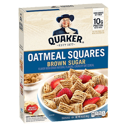Quaker Brown Sugar Oatmeal Squares deliver 46g of whole grains in a crunchy cereal with a tasty touch of brown sugar sweetness.