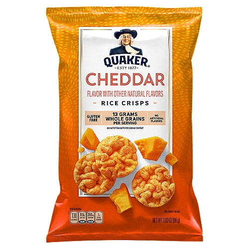 Quaker Cheddar Rice Crisps, 3.03 oz
13g Whole Grains* per Serving
Low Cholesterol*
*See Nutrition Facts for Sodium Content