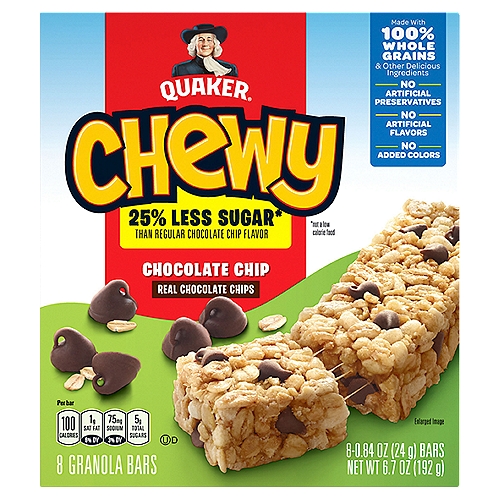 Quaker Chewy Chocolate Chip Granola Bars, 0.84 oz, 8 count
25% Less Sugar* than Regular Chocolate Chip Flavor
*Not a low calorie food
*Sugar content (on 24 gram basis): Regular Chocolate Chip Chewy bars have 7 grams. This bar has 5 grams.
