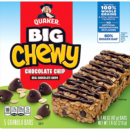 Quaker Big Chewy Chocolate Chip Granola Bars, 1.48 oz, 5 count
60% Bigger Bar*
*Based on weight. Compared to 24g chewy bars