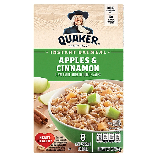 Quaker Apples & Cinnamon Instant Oatmeal, 1.51 oz, 8 count
Great mornings inspire great days bustling with new possibilities, unknown adventures, and amazing friends. Prepare for all that lies ahead by filling your bowls, bellies, and hearts with the love of a nourishing breakfast from Quaker Oats.
rains per day for fiber and overall health. Each oatmeal packet contains a one ounce equivalent (1 serving) of whole grains.