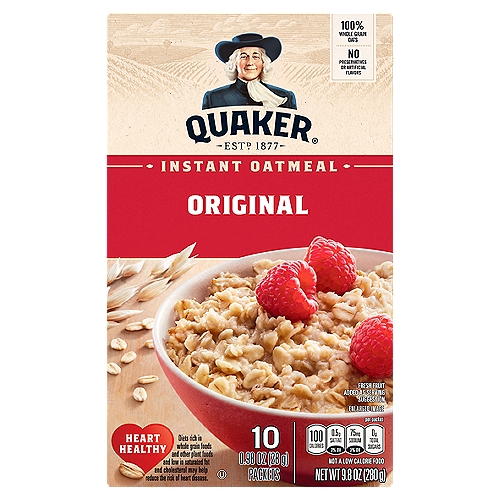 Quaker Original Instant Oatmeal, 0.98 oz, 10 count
Great mornings inspire great days bustling with new possibilities, unknown adventures, and amazing friends. Prepare for all that lies ahead by filling your bowls, bellies, and hearts with the love of a nourishing breakfast from Quaker Oats.