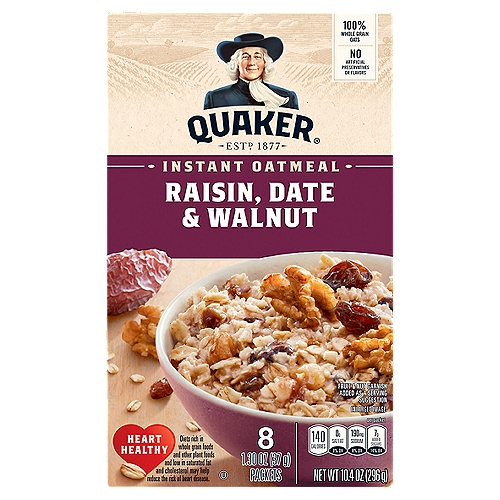 Quaker Raisin, Date & Walnut Instant Oatmeal, 1.30 oz, 8 count