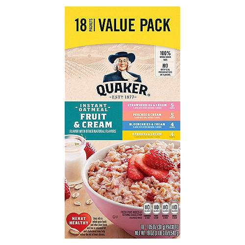 Quaker Fruit & Cream Instant Oatmeal Value Pack, 18 count, 1.05 oz