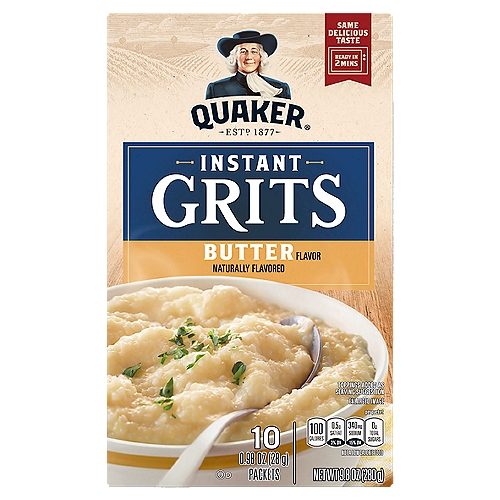 Quaker Butter Flavor Instant Grits, 0.98 oz, 10 count
Great mornings inspire great days bustling with new possibilities, unknown adventures, and amazing friends. Prepare for all that lies ahead by filling your bowls, bellies, and hearts with the love of a nourishing breakfast from Quaker Oats.