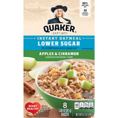 Quaker Instant Oatmeal, Lower Sugar Apples & Cinnamon, 1.09 Oz, 8 Count